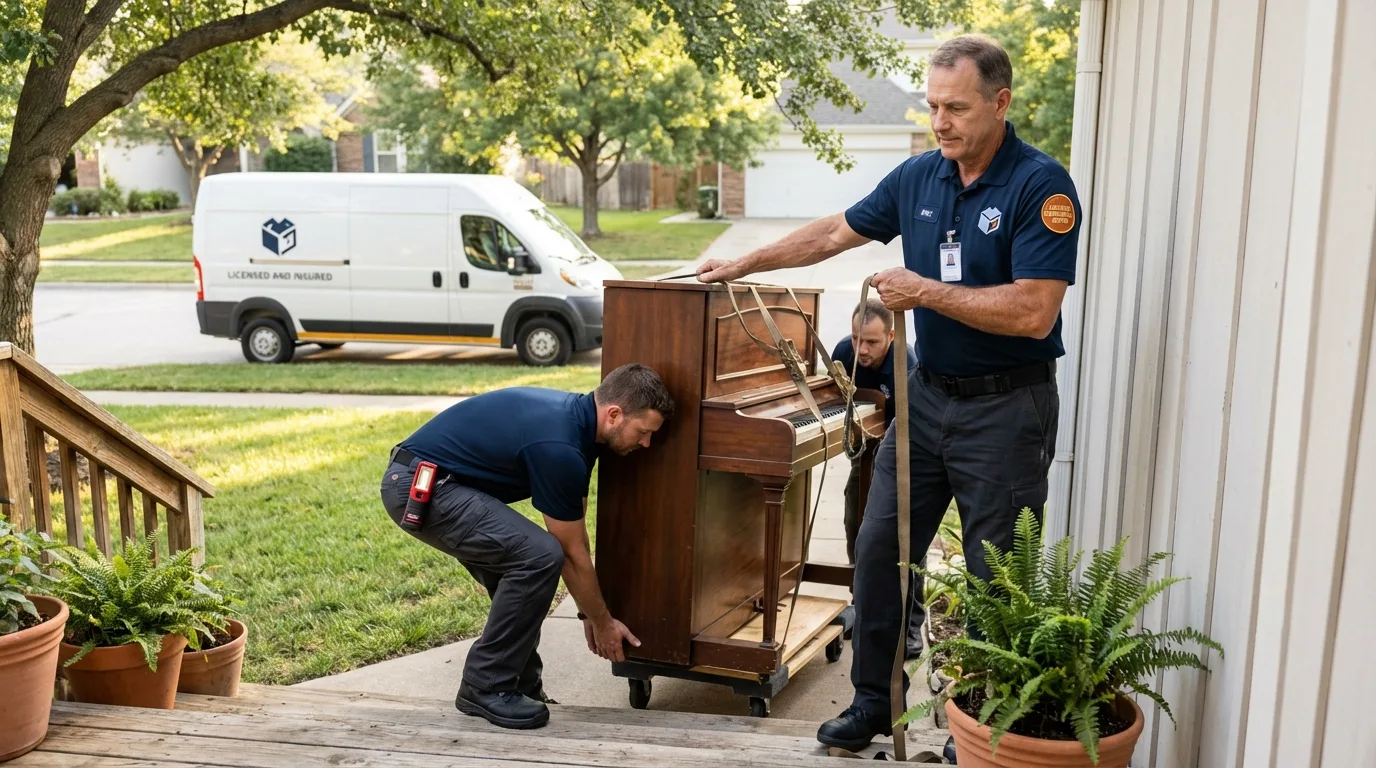 Licensed piano movers securing grand piano in Lake Villa, IL