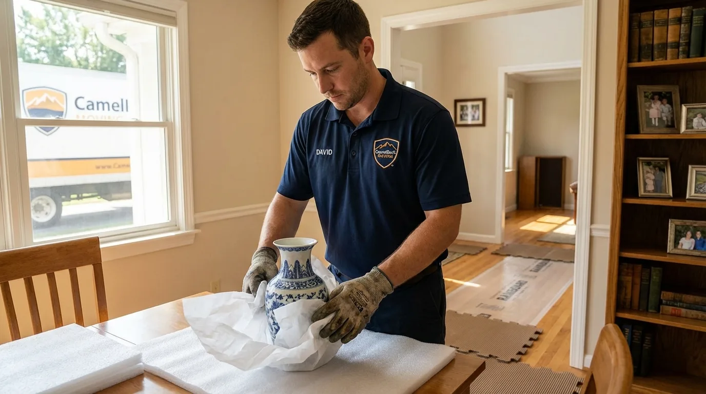 Professional crew carefully wrapping antique vase for senior downsizing move in Lake Villa, IL